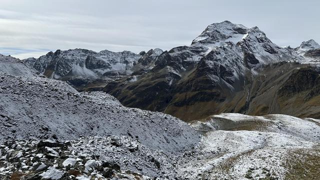View looking down into Val Tuoi from partway up to Furcletta (at approximately 2,600 m). A large snow-covered screen slope is on the left and snow-covered mountains are opposite.
