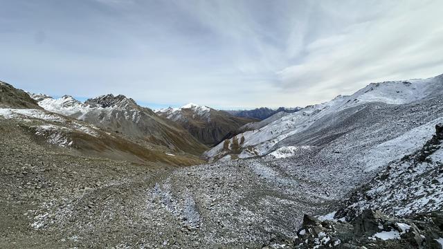 Wide angle view looking east from Furcletta to the Val d’Urezzas which has a bit of snow on its slopes.