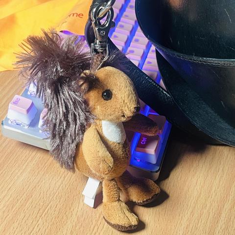A fluffy squirrel stuffed animal with a carabiner hooked to a black bag.