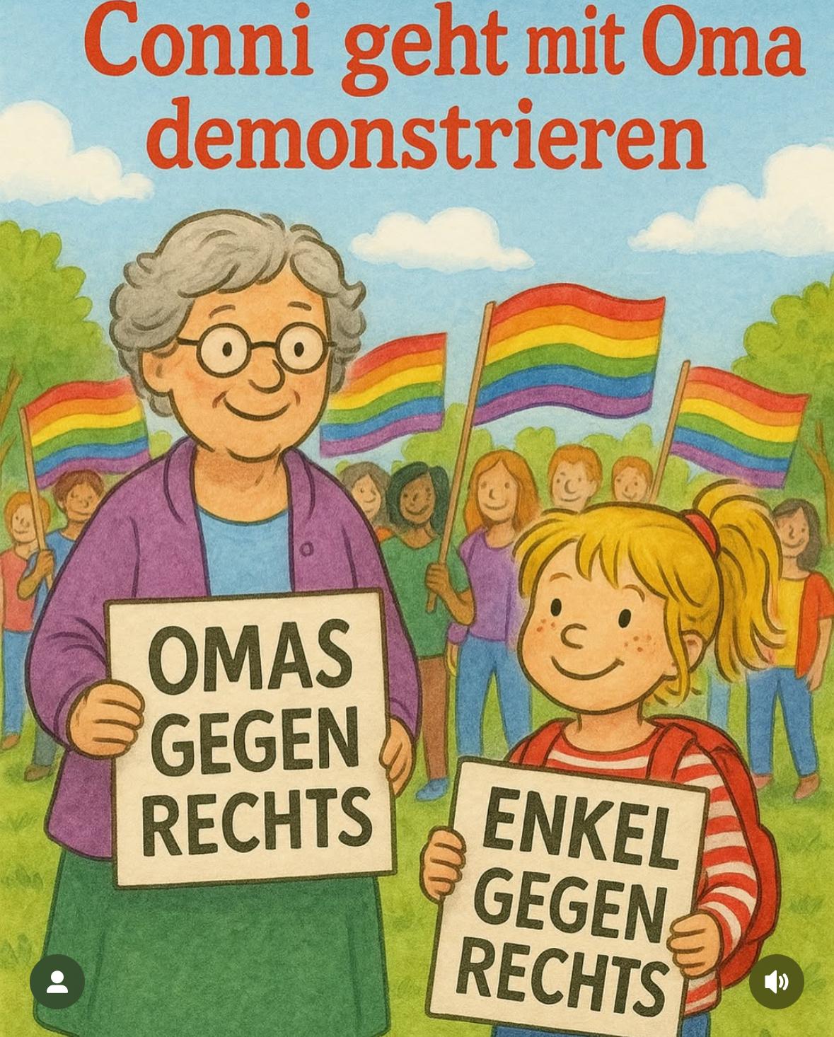 Oma und Connie demonstrieren gegen Rechts. Mit jeweils einem Schild Omas bzw. Ekel gegen Rechts vor einer Grube Menschen mit Pride Flaggen im Park Oma und Connie demonstrieren gegen Rechts. Mit jeweils einem Schild Omas bzw. Ekel gegen Rechts vor einer Grube Menschen mit Pride Flaggen im Park